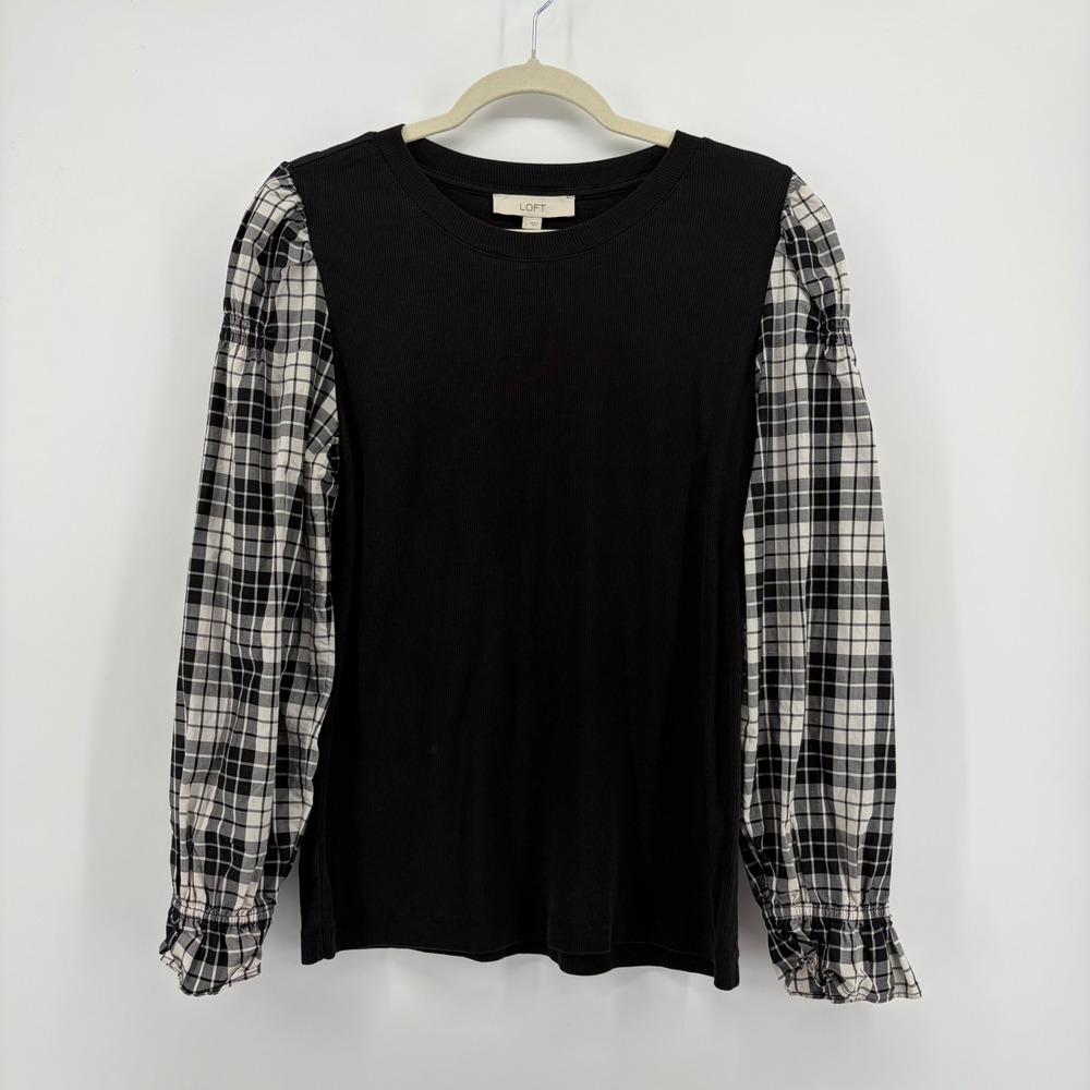 LOFT Womens Large Black Mixed Media Plaid Puff Sleeve Ribbed Knit Top